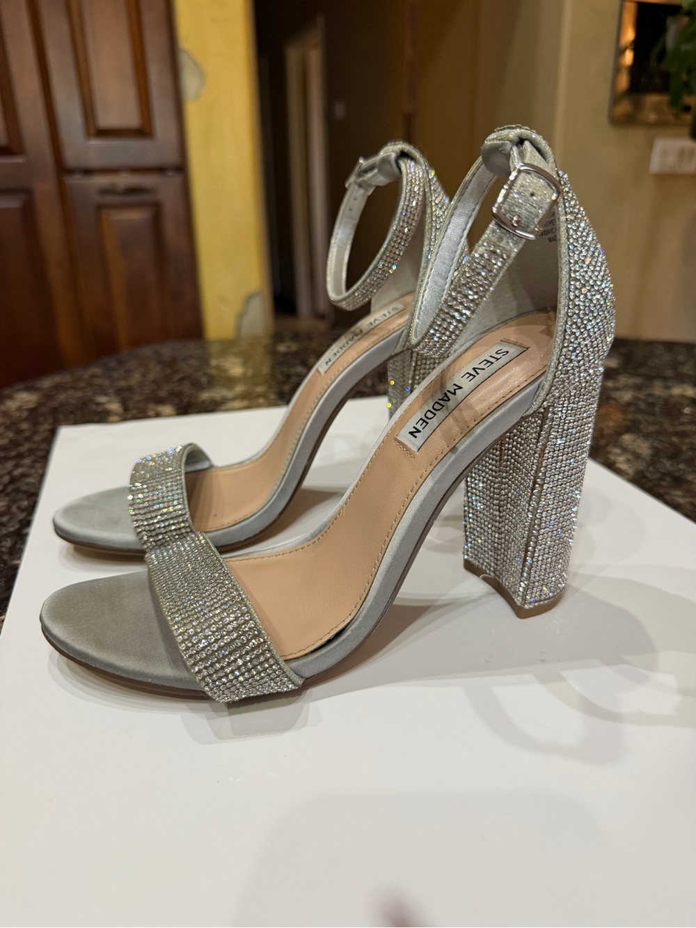 Steve Madden Silver Crystal Embellished Block Heel Sandals Size 7